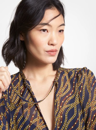 Status Print Georgette Babydoll Dress in MIDNIGHTBLUE | Michael Kors