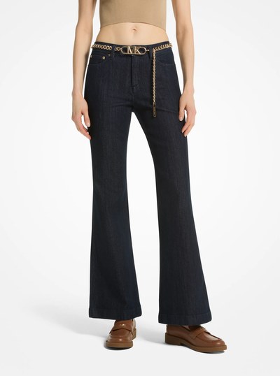 Stretch Denim Belted Flared Jeans in RINSE | Michael Kors