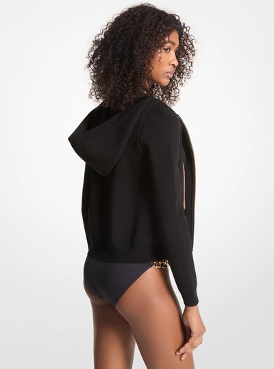 Stretch Viscose Chain Zip-Up Hoodie in BLACK | Michael Kors