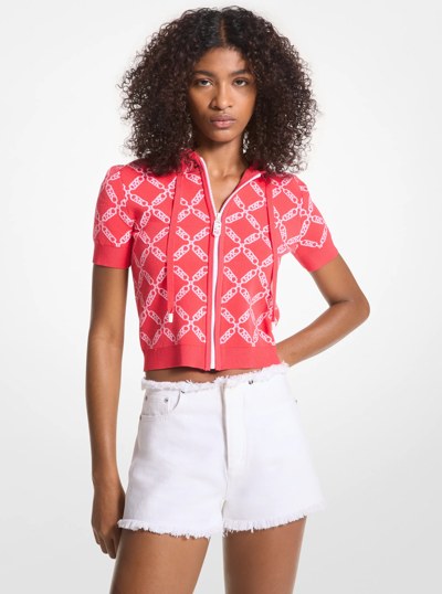 Empire Logo Jacquard Short-Sleeve Hoodie in CORAL | Michael Kors