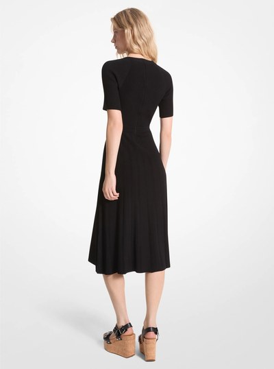 Ribbed Stretch Knit Button Midi Dress in BLACK | Michael Kors