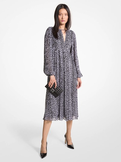 Pleated Leopard Print Georgette Midi Dress in BLACK/WHITE | Michael Kors