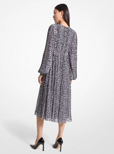 Pleated Leopard Print Georgette Midi Dress in BLACK/WHITE | Michael Kors