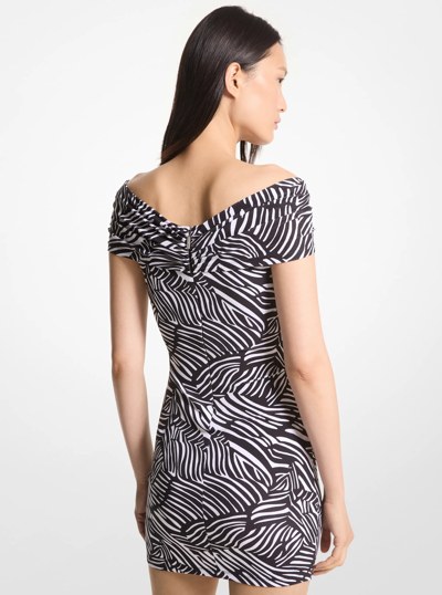 Zebra Print Stretch Matte Jersey Off-The-Shoulder Dress in BLACK/WHITE | Michael Kors