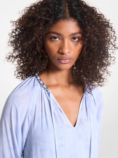 Embellished Printed Georgette Dress in CHAMBRAY | Michael Kors