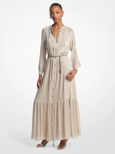 Metallic Crinkled Georgette Belted Kaftan Dress in DUNE | Michael Kors