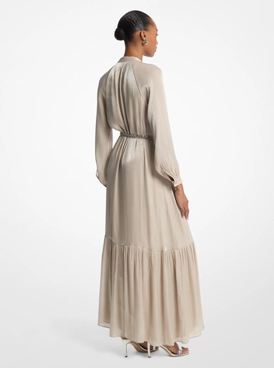 Metallic Crinkled Georgette Belted Kaftan Dress in DUNE | Michael Kors