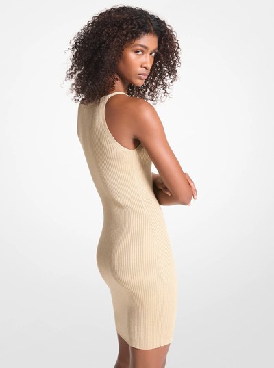 Ribbed Metallic Stretch Knit Tank Dress in GOLD | Michael Kors