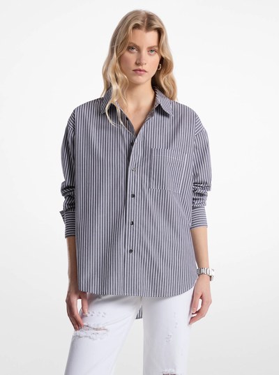 Oversized Striped Cotton Poplin Shirt in BLACK | Michael Kors
