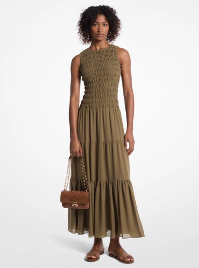 Smocked Georgette Tank Dress in SAFARI GREEN | Michael Kors