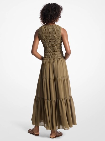 Smocked Georgette Tank Dress in SAFARI GREEN | Michael Kors