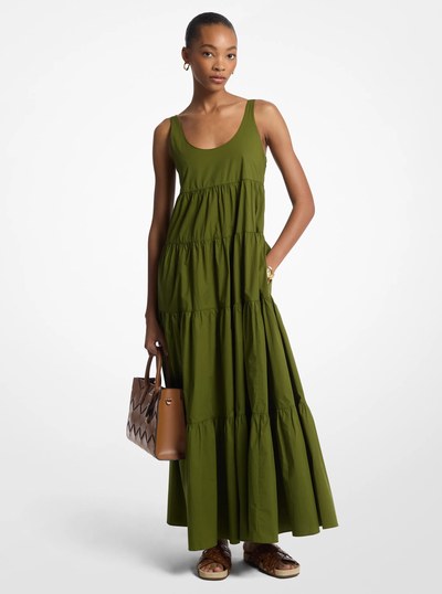 Stretch Cotton Tiered Dress in EVERGREEN | Michael Kors