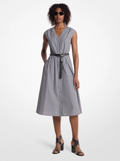Striped Cotton Poplin Belted Midi Dress in BLACK | Michael Kors