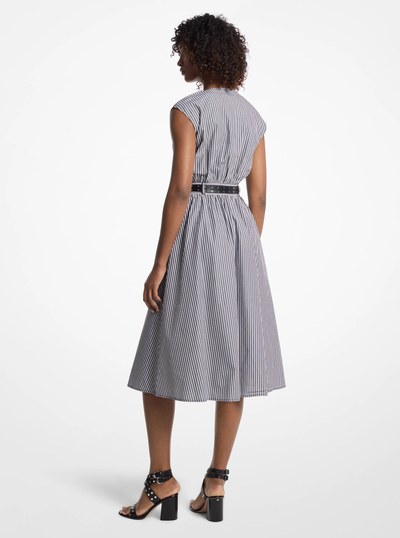 Striped Cotton Poplin Belted Midi Dress in BLACK | Michael Kors