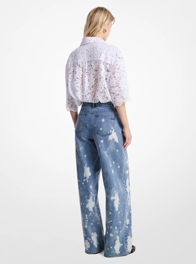 Hand-Splattered Bleach Denim Wide-Leg Jean in UNION WASH | Michael Kors