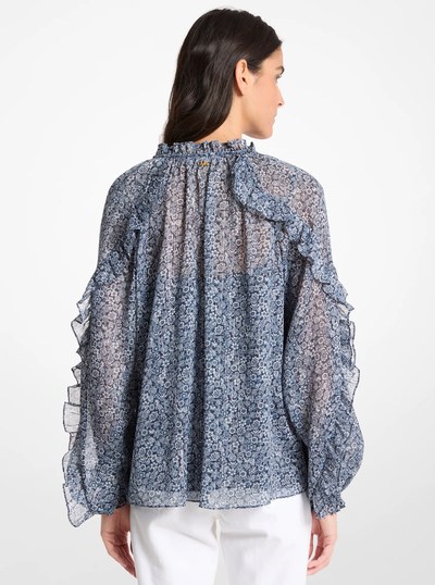 Ruffled Metallic Floral Georgette Blouse in MIDNIGHTBLUE | Michael Kors