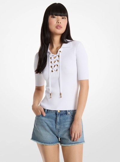Ribbed Stretch Viscose Lace-Up Polo Top in WHITE | Michael Kors