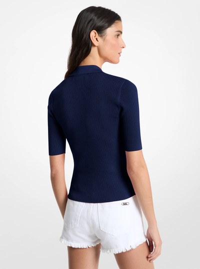 Ribbed Stretch Viscose Lace-Up Polo Top in MIDNIGHTBLUE | Michael Kors