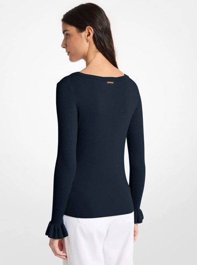 Ribbed Wool Blend V-Neck Sweater in MIDNIGHTBLUE | Michael Kors