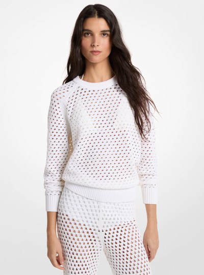 Open-Knit Stretch Cotton Sweater in WHITE | Michael Kors