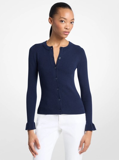 Ribbed Wool Blend Ruffle-Cuff Cardigan in MIDNIGHTBLUE | Michael Kors