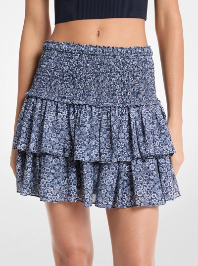 Floral Print Georgette Smocked Mini Skirt in MIDNIGHTBLUE | Michael Kors