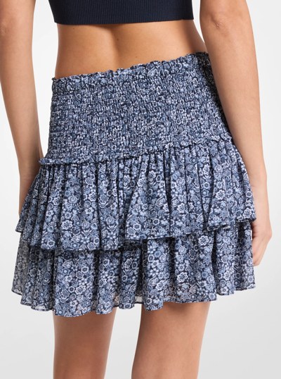 Floral Print Georgette Smocked Mini Skirt in MIDNIGHTBLUE | Michael Kors