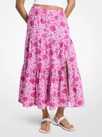Floral Print Linen Blend Tiered Skirt