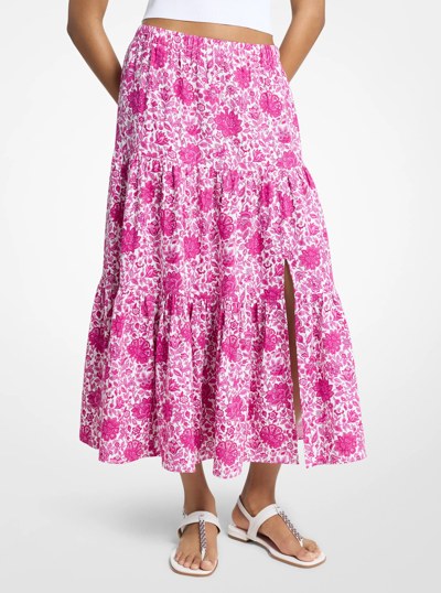 Floral Print Linen Blend Tiered Skirt in RASPBERRY | Michael Kors