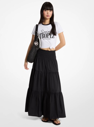 Smocked Cotton Poplin Tiered Maxi Skirt in BLACK | Michael Kors