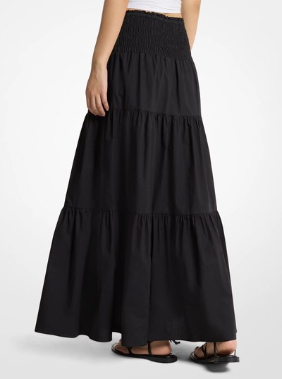 Smocked Cotton Poplin Tiered Maxi Skirt in BLACK | Michael Kors