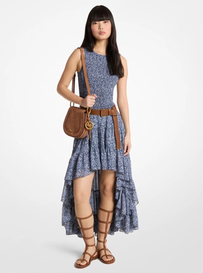 Smocked Floral Print Georgette High-Low Dress in MIDNIGHTBLUE | Michael Kors