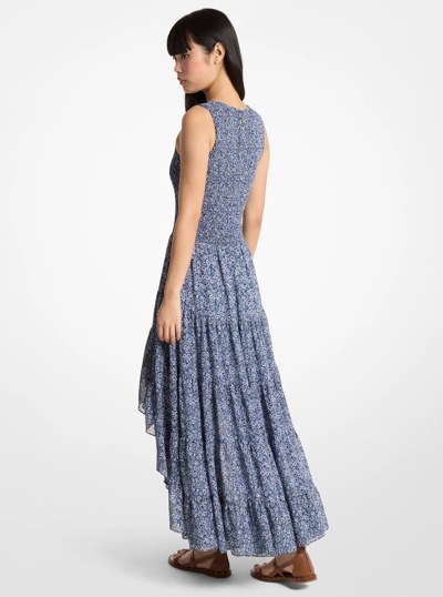 Smocked Floral Print Georgette High-Low Dress in MIDNIGHTBLUE | Michael Kors