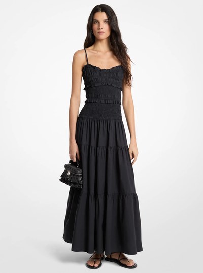 Smocked Cotton Poplin Maxi Dress in BLACK | Michael Kors