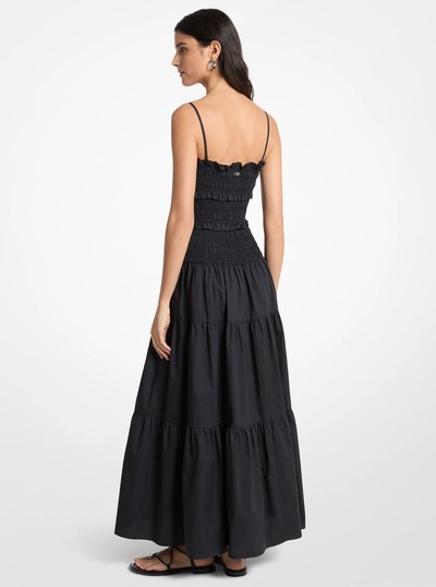 Smocked Cotton Poplin Maxi Dress in BLACK | Michael Kors