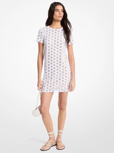 Mirror-Embellished Floral Laser-Cut Scuba Dress in WHITE | Michael Kors