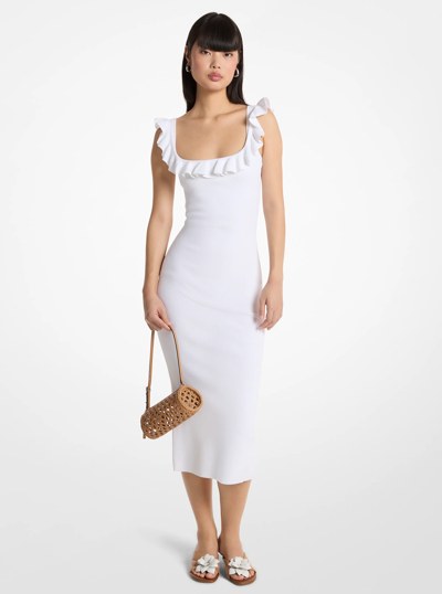 Ruffled Stretch Viscose Midi Dress in WHITE | Michael Kors