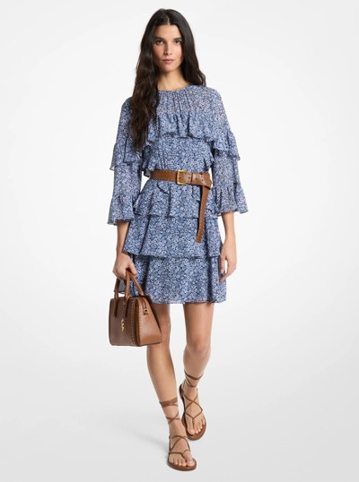Floral Print Georgette Ruffle Mini Dress in MIDNIGHTBLUE | Michael Kors