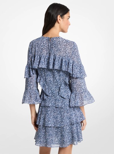 Floral Print Georgette Ruffle Mini Dress in MIDNIGHTBLUE | Michael Kors