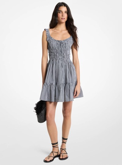Gingham Smocked Cotton Mini Dress in BLACK/WHITE | Michael Kors