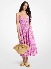 Robe mi-longue en popeline de coton &agrave; imprim&eacute; floral