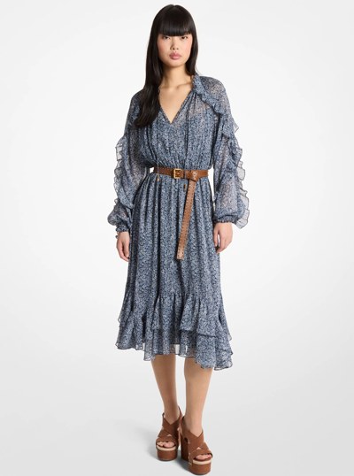 Ruffled Metallic Floral Print Georgette Midi Dress in MIDNIGHTBLUE | Michael Kors