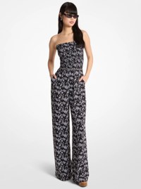 Floral Print Smocked Georgette Belted Jumpsuit