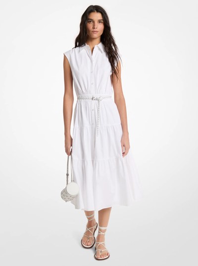 Belted Cotton Poplin Sleeveless Shirtdress in WHITE | Michael Kors