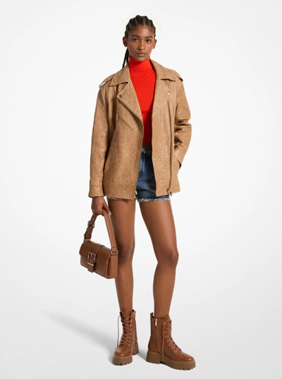 Oversized Crinkled Leather Moto Jacket in DARK CAMEL | Michael Kors