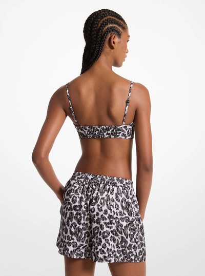 Leopard Logo Print Satin Shorts in ALUMINUM | Michael Kors
