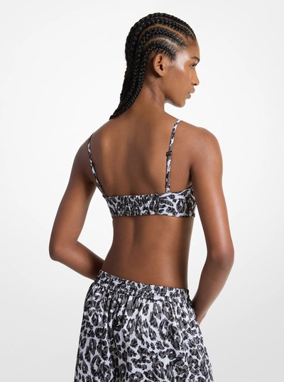 Leopard Logo Print Satin Bra Top in ALUMINUM | Michael Kors