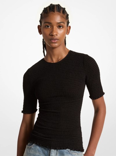 Smocked Georgette Shirt in BLACK | Michael Kors
