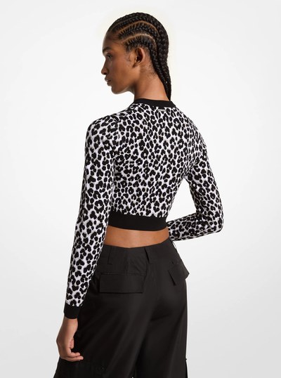 Leopard Jacquard Knit Zip Cardigan in ALUMINUM | Michael Kors