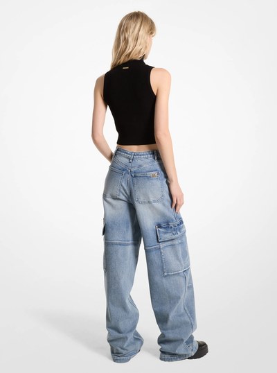 Stretch Denim Wide-Leg Cargo Jeans in BLUE VINTAGE WASH | Michael Kors